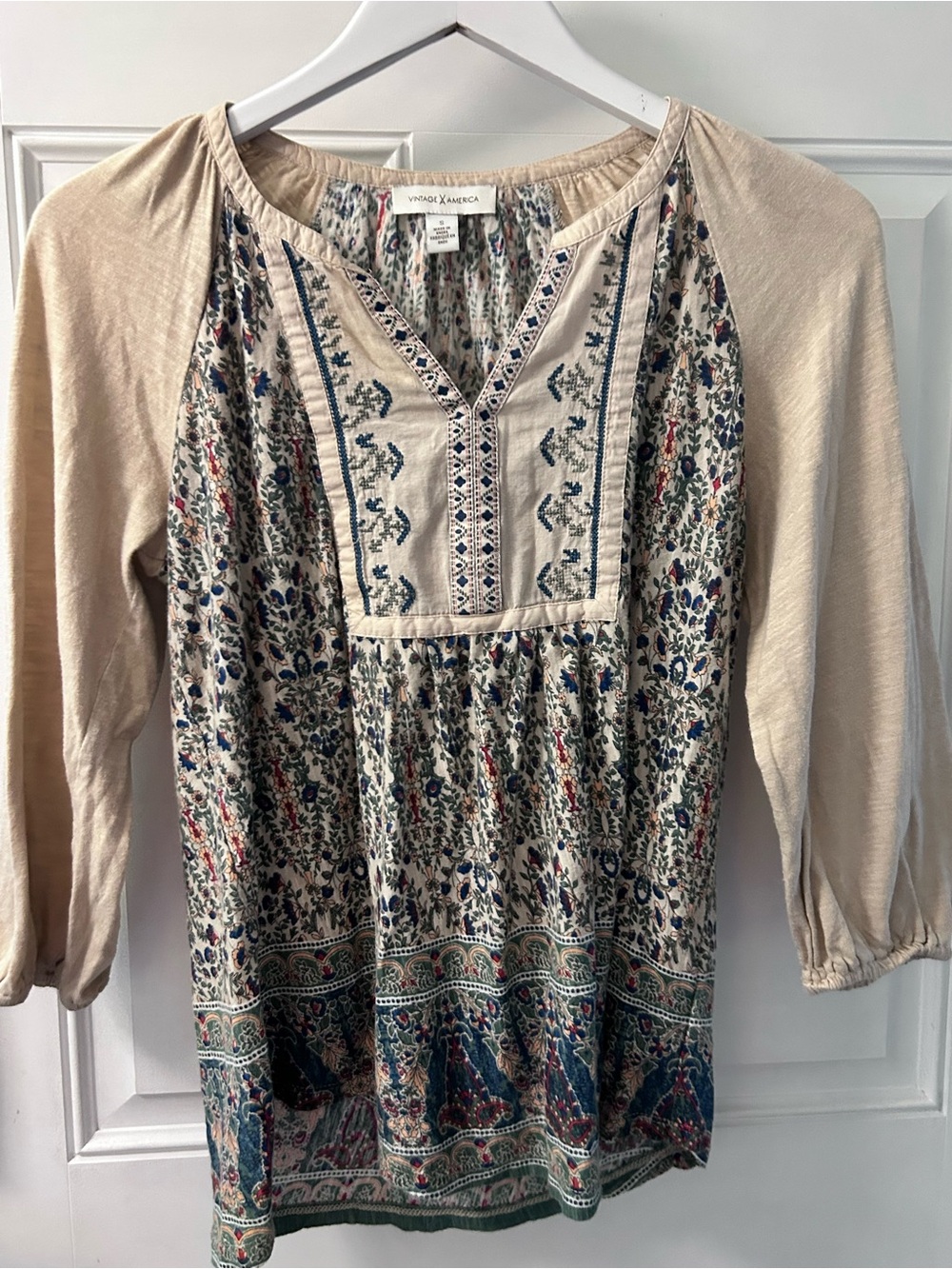 Vintage America Beige Floral Peasant Blouse with Navy Accents